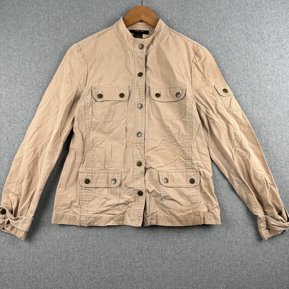 Style & Co Jacket Women S Tan Utility Snap Button Mandarin Collar Cotton